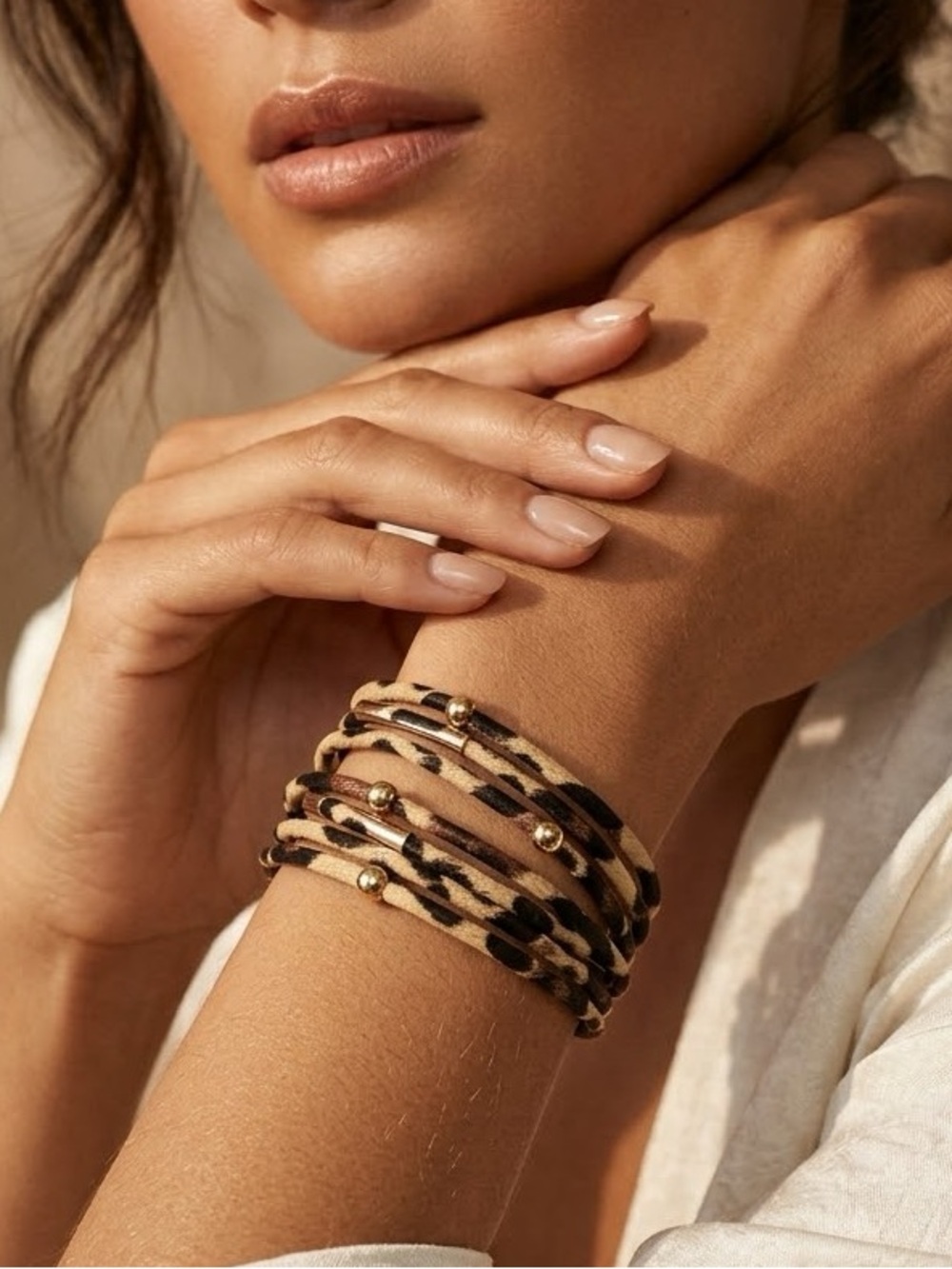 Gold-Tone Leopard Animal Print Wrap Boho Bracelet B04-04